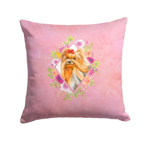 Carolines Treasures CK4195PW1414 Yorkshire Terrier 2 Pink Flowers Fabric Decorative Pillow  14Hx14W multicolor