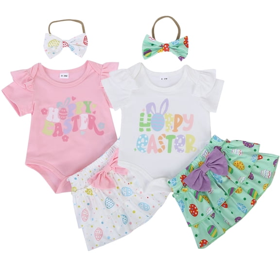 CAIXIA Easter Bunny Baby Bodysuit Girl Fancy Baby Girl Easter Clothes Ruffle Long Sleeve Romper Bunny Easter Eggs Print Overall Skirt Dress Cute Newborn Outfit