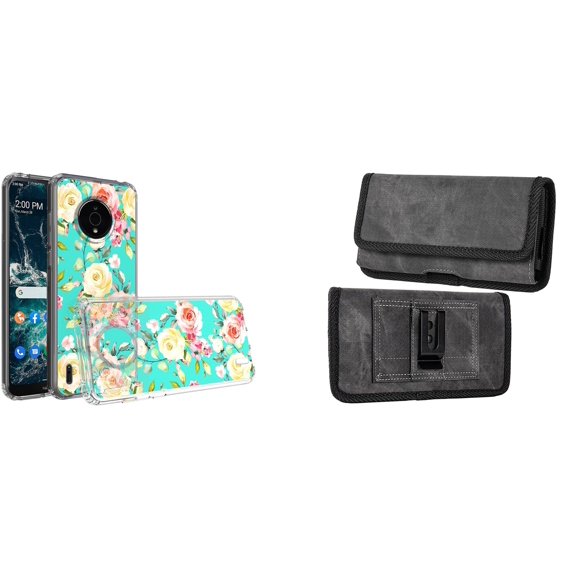 Case and Pouch Bundle for Nokia C200: Slim Series TPU Protector Case (White Pink Flowers on Teal) and Rugged Denim Nylon Belt Holster (Grey)