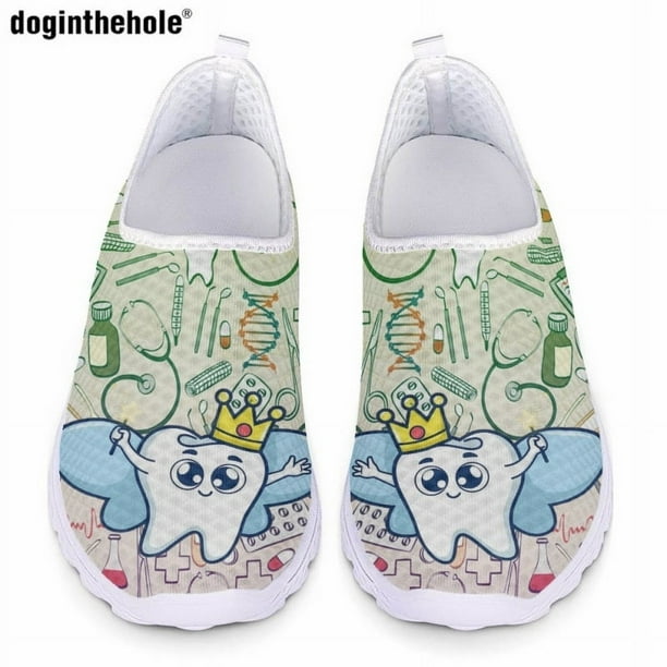 Zapatos de enfermera informales para mujer de Doginthehole, zapatos planos con estampado de dientes de dibujos animados bonitos a la moda, zapatos de malla ligeros y transpirables sin cordones