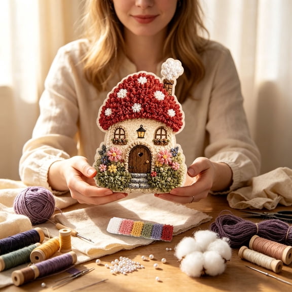 Fairy Red Mushroom Cabin Punch Needle Embroidery Kit, All Saints Day 3D Fluffy Yarn Punch Painting Set with Complete Tools, Easy DIY Beginner Craft Kit for Indoor Wall Hanging Decor Present 5.91in