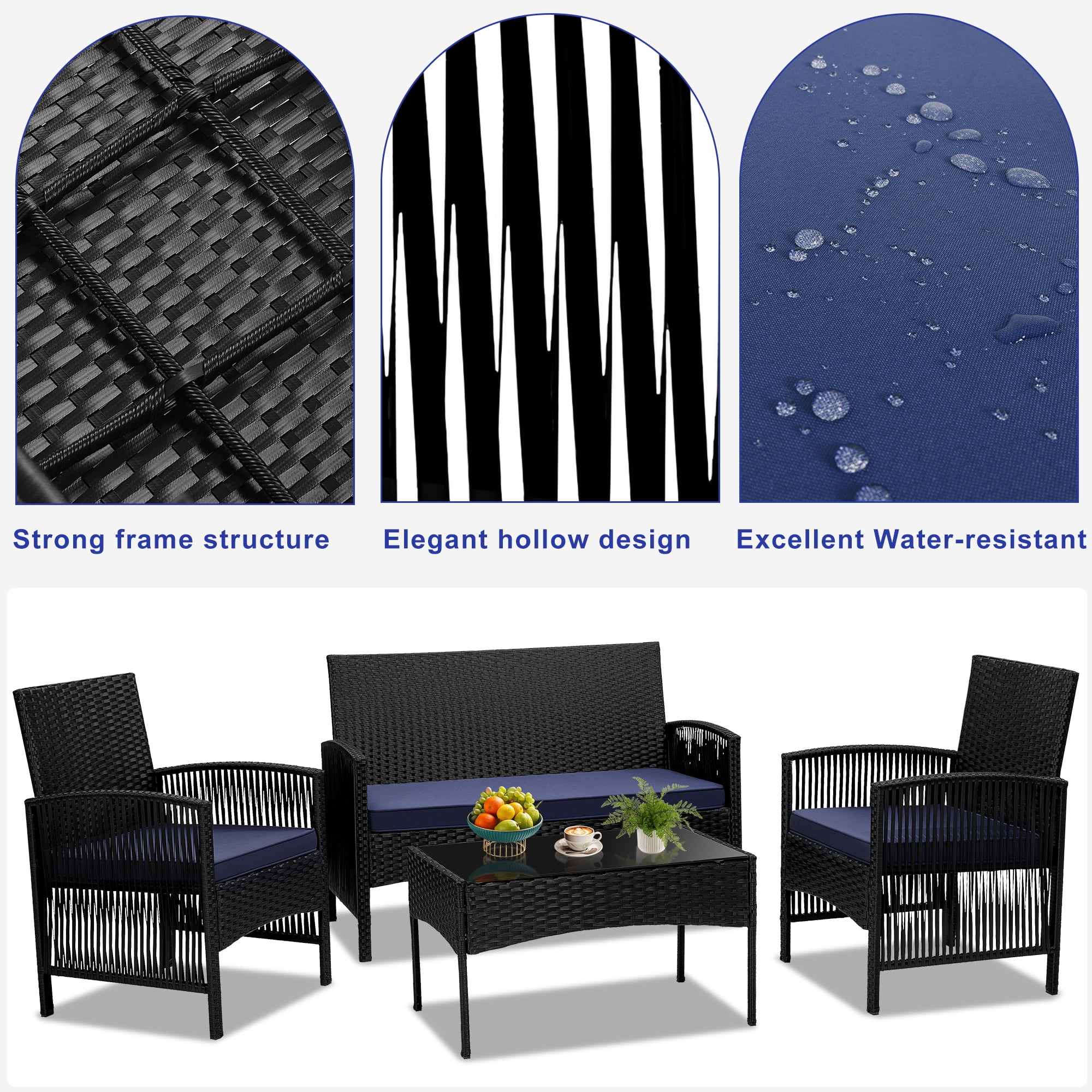 Patio Furniture Set on Sale, 4 Pieces Outdoor Rattan Conversation Sofa Set, All-Weather Wicker Patio Sets, Cushioned Sofa and Coffee Table for Garden Deck Courtyard, Nevy