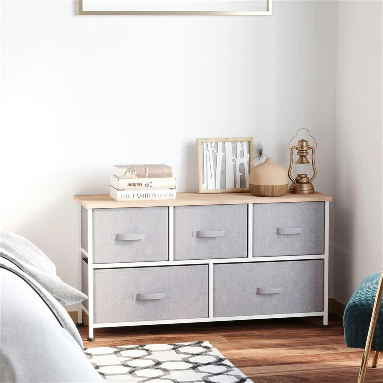 Demi Bonn 5-Drawer Dresser, Fabric Storage Tower for Bedroom, Hallway, Entryway, Closet, Steel Frame, Wood Top, Easy Pull Handle, Gray