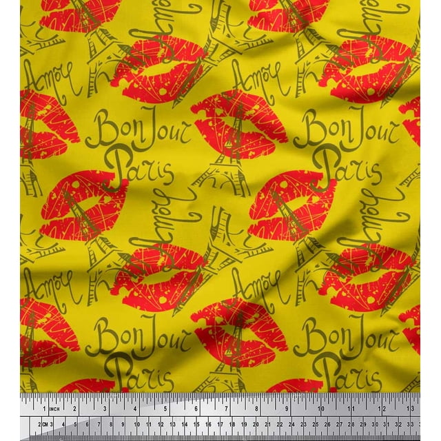 Soimoi Yellow Poly Georgette Fabric Text,Eiffel Tower & Lips Women Decor Fabric Printed Yard 42 Inch Wide