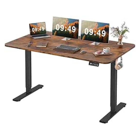 SONGMY Electric Height Adjustable Standing Desk Large 55 x 24 Inches Sit Stand up Desk Home Office Computer Desk Memory Preset with T-Shaped Metal Bracke, Brown
