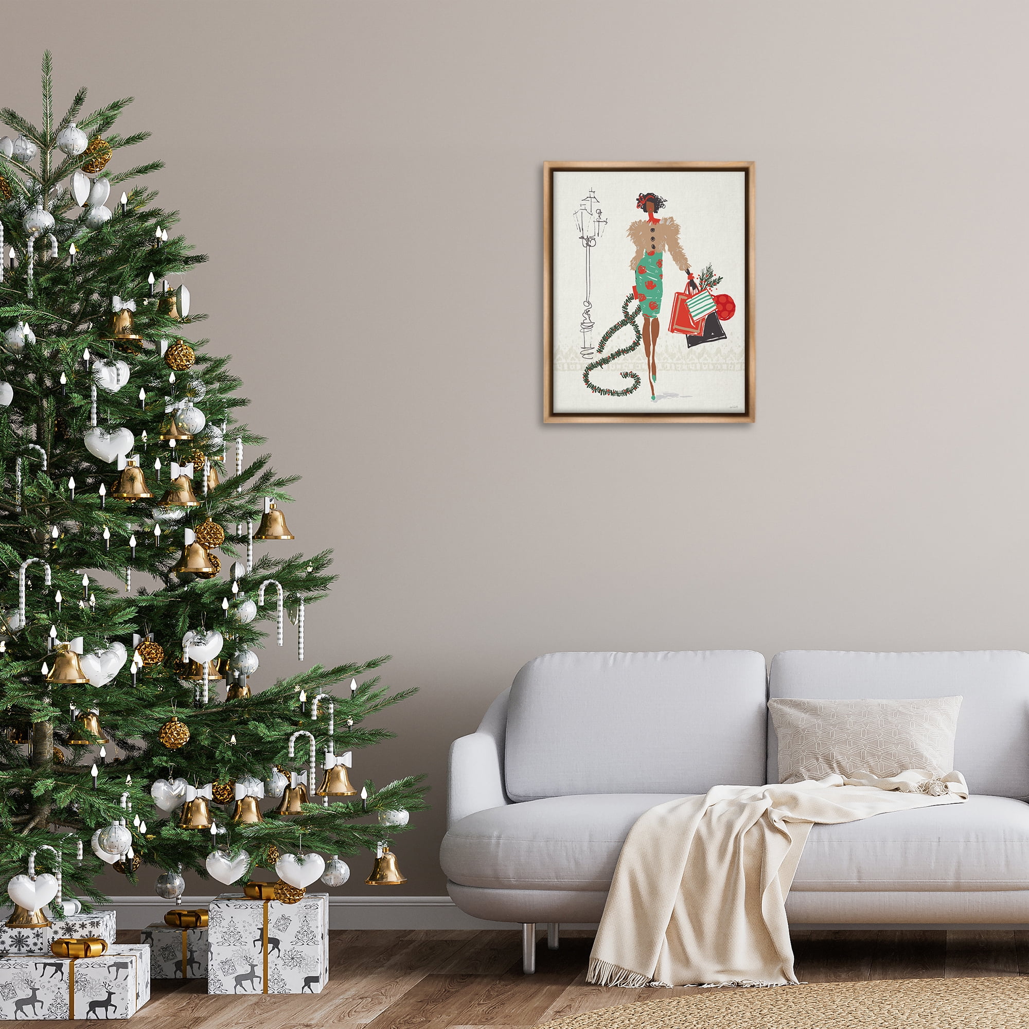 Stupell Industries Festive Shopping Girl Holiday Painting Brown Floater Framed Canvas Art Prints Wall Art, 25 x 31