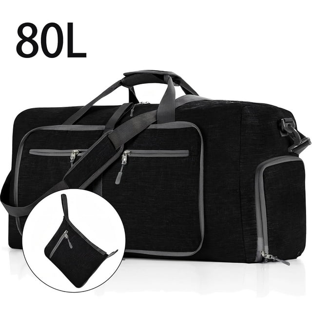 Bolsa de Viaje Grande de 80L, Bolsa de Noche Plegable de 28" con Compartimento para Zapatos, Bolsa Ligera de Fin de Semana para Gimnasio para Hombre y Mujeres (Negro)