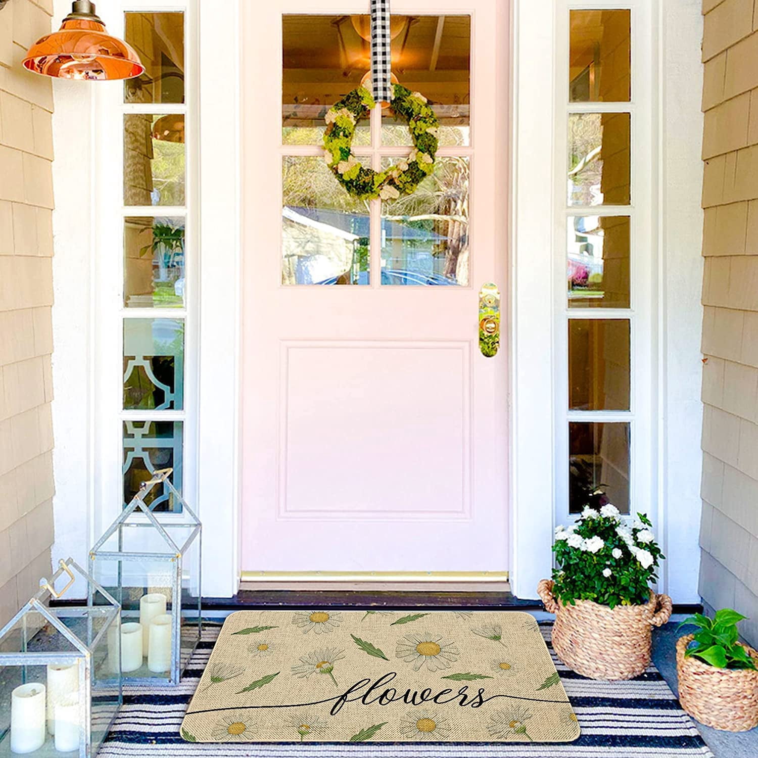 Happy Spring Outdoor Door Mat Flower Farmhouse Decor Welcome Mats Colorful Flowers Doormat Non Slip Rubber Floral Decorative Front Door Mats Indoor Rug 17" x 30"