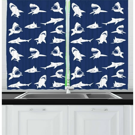 White Curtains With Navy Blue Design Shark Curtains 2 Panels Set, Shark Pattern with Various Gestures Have A Bite Danger Humor Nautical Design, Window Drapes for Living Room Bedroom, 55W X 39L Inches, Dark Blue White, by Ambesonne ()