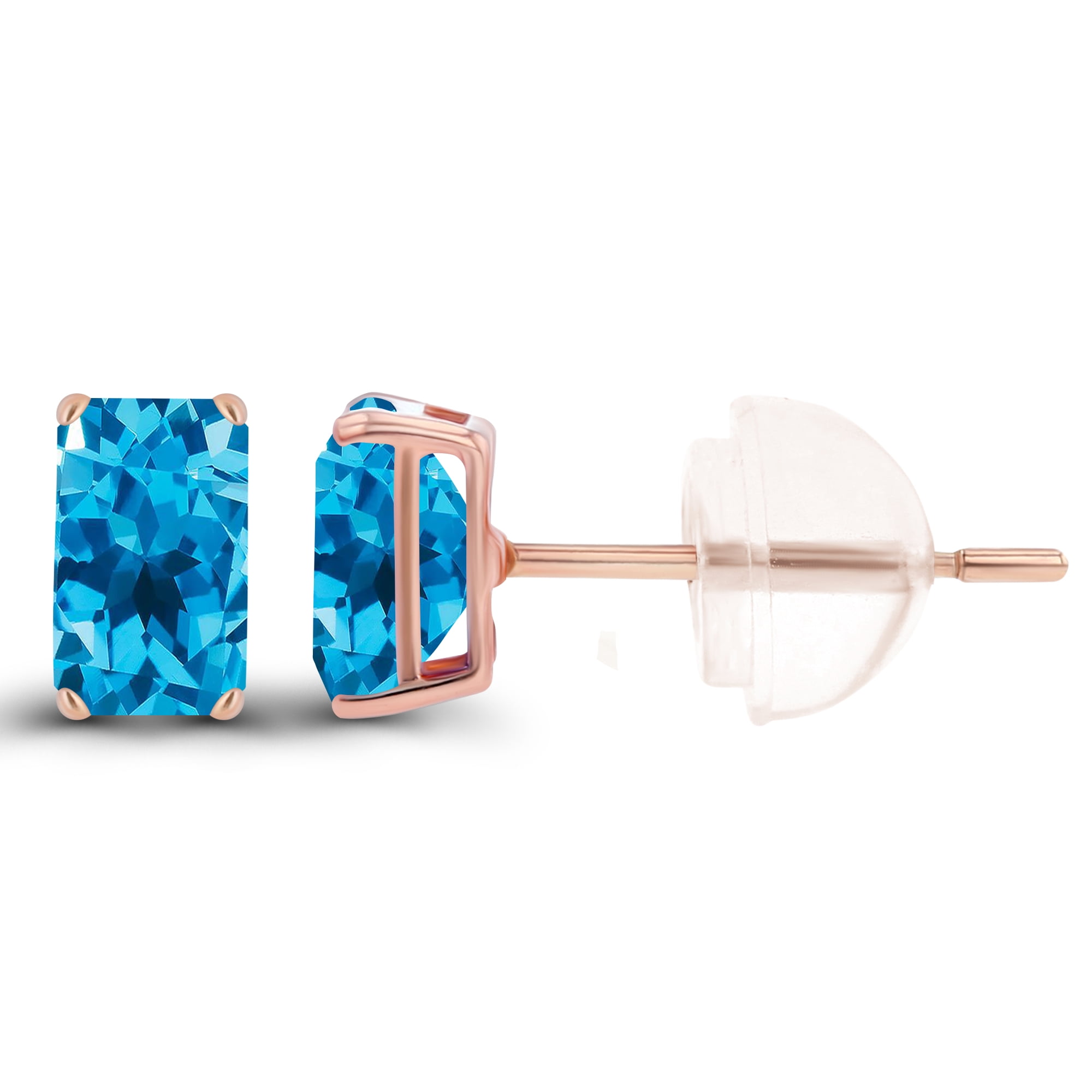 Genuine 14K Rose Gold Plated Sterling Silver 5x3mm Emerald Cut Natural  Swiss Blue Topaz December Birthstone Genuine Stud Earrings For Women and  Girls