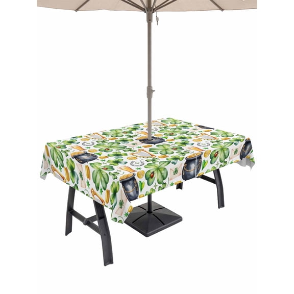 Outdoor Tablecloth with Umbrella Hole and Zipper, St. Patrick's Day Rectangle Table Cloth 52x70 Inch Waterproof Tablecloth, Lucky Shamrocks Harp Beer Horseshoes Envelope Picnic Table Cover for Patio