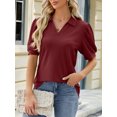 thumbnail image 3 of TEMOFON Women Tops Summer Casual Blouses Fashion Puff Short Sleeve V Neck Lapel T Shirts for Women Winered Size L, 3 of 6