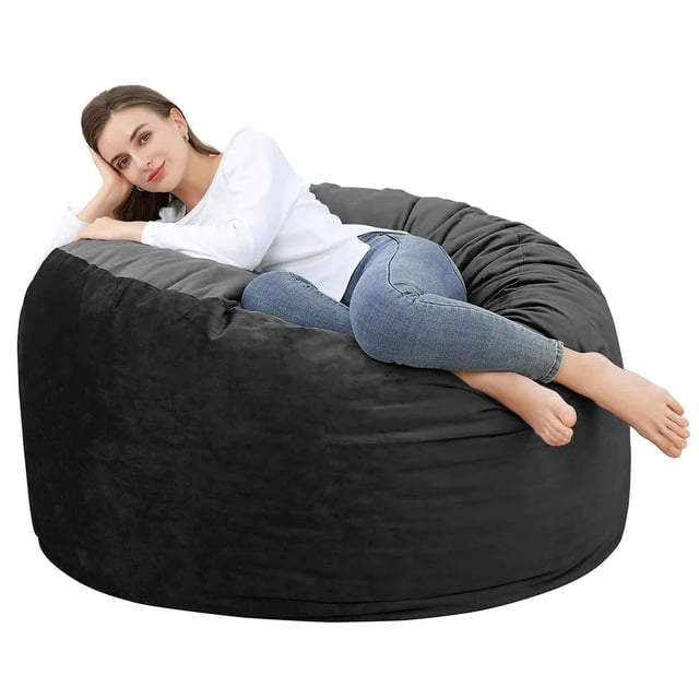 4ft giant bean bag chair con velvet cover, foam-filled para sala de estar (negra)