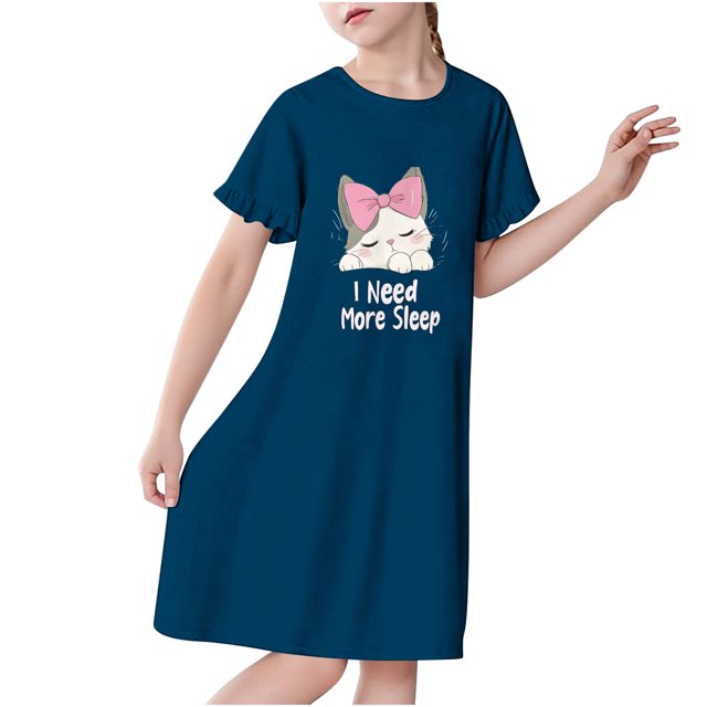 RXIRUCGD 2025 Vêtements d'Été pour Enfants 3-12 Ans Mode Imprimée Pyjama Rêveur Mi-Mollet Chemise de Nuit