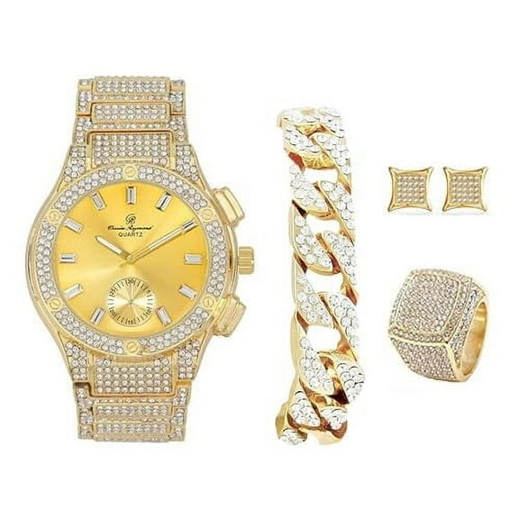 Bling-ed Out It's Lit! Hip Hop Watch & Jewerly Set w/Cuban Chain Bracelet, Kite Bling Earrings & Ring - GJM13 (12, ST10311 Shiny Gold)