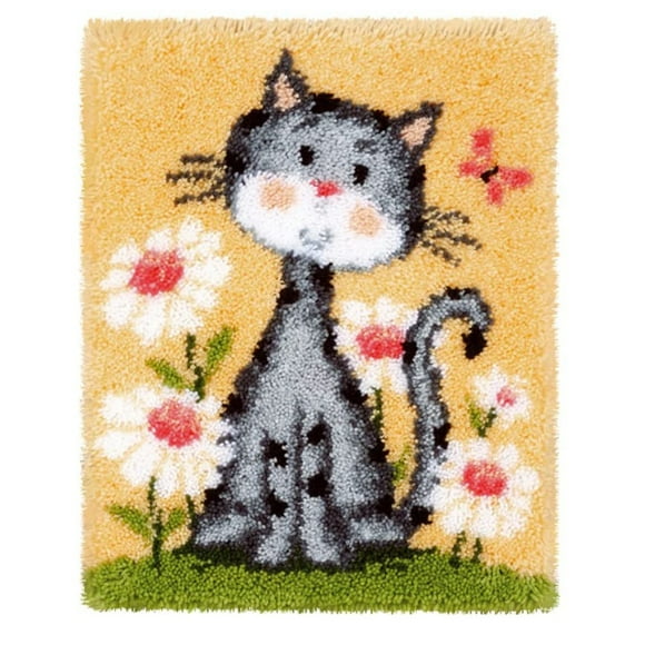 Latch Hook Rug Kits DIY Crochet Yarn Rugs Hooking Craft Kit with Color Preprinted Pattern Design for Adults Kids (Cat)