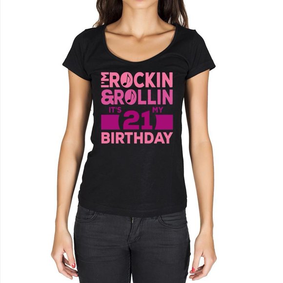 T-Shirt Graphique pour Femmes Rockin '& Roll', C'est Mon Anniversaire 21 21e Anniversaire 21 Ans Cadeau 2003 Vintage Eco-Friendly Dames à Manches Courtes Nouveauté Tee