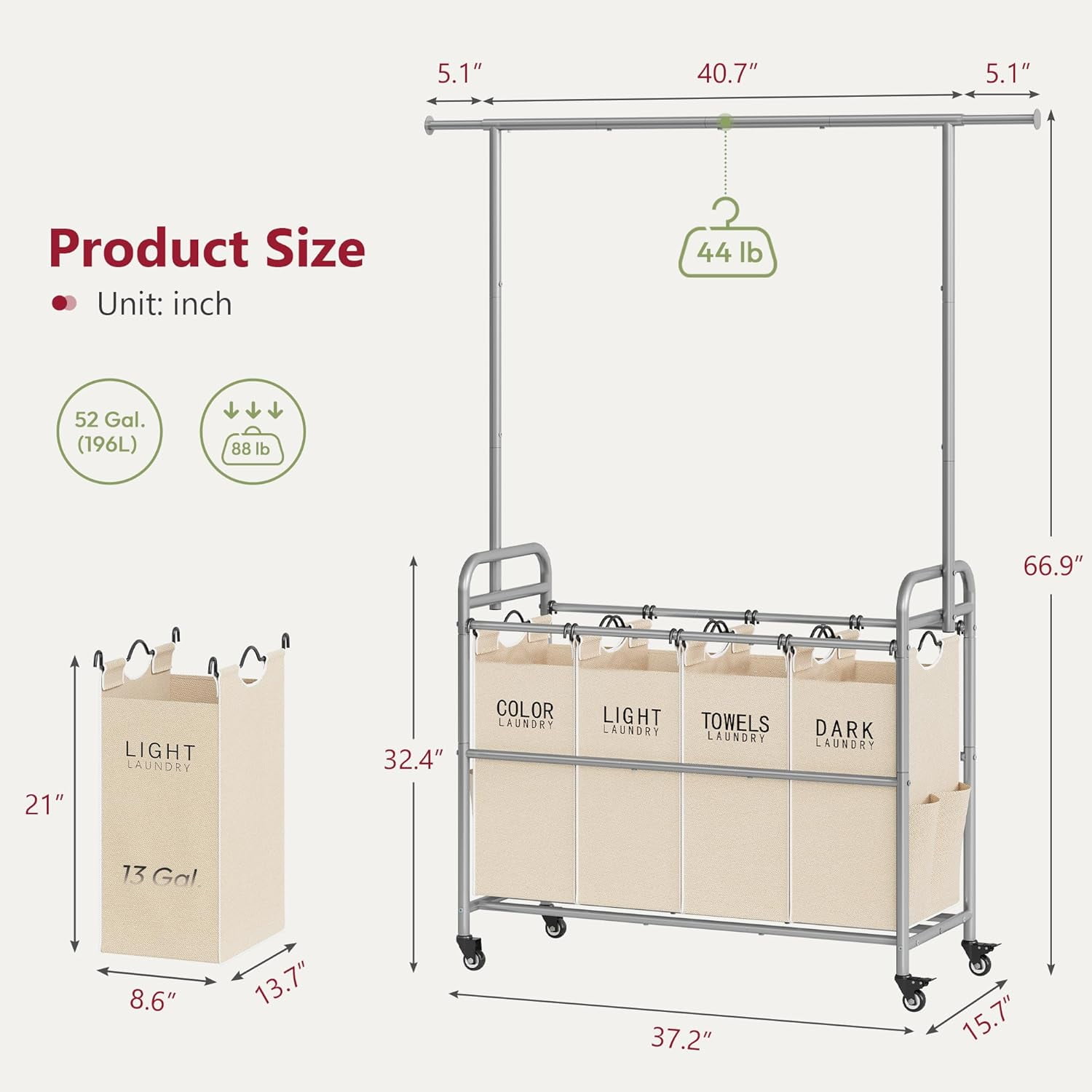Laundry Hamper with Hanging Rack, Laundry Sorter 4 Sections, 4 Basket Butler with Lockable Wheels and Removable Bag, Rolling Laundry Cart for Bedroom, Beige