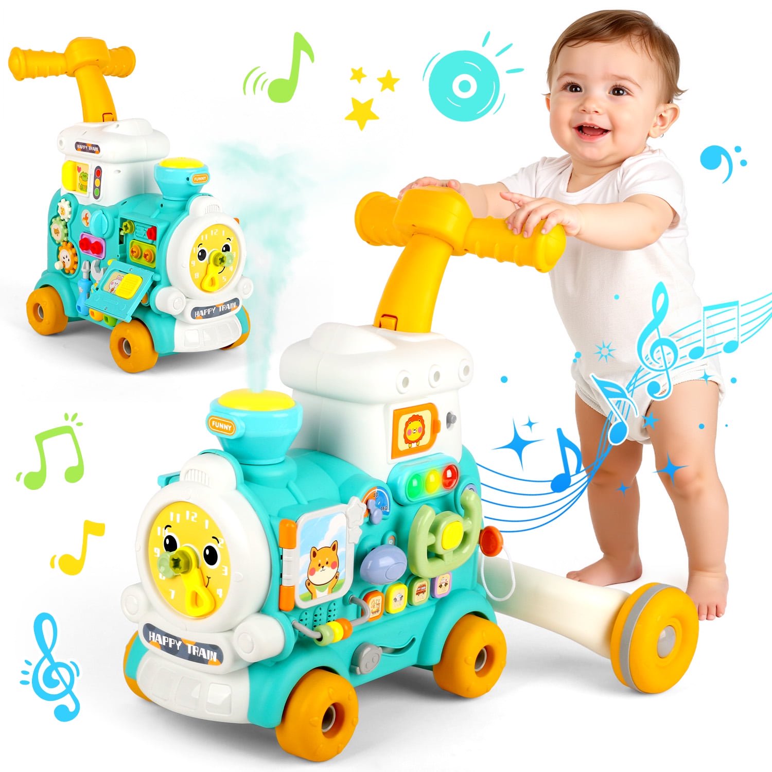 Carsky 3-in-1 Baby Push Walker & Learning Activity Center, Sit-to-Stand Toddler Walking Toy with Music, Lights & Steam Spray, Educational Push Toy Gift for Boys & Girls 6–18 Months