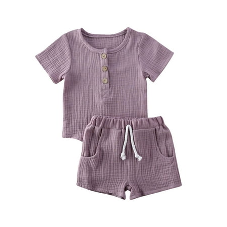 

Suanret Infant Baby Boy Girl Cute Shorts Set Toddler Solid Color Style Round Neck Short Sleeve Button Closure Top Elastic Breeches Suit Purple 12-18 Months