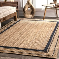 DecorAvenue Hand Woven Braided Farmhouse Jute Area Rug Beige Color Navy Blue Border 2 ft x 3 ft