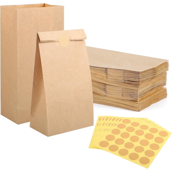 220 Small Paper Bags, 7"x2"x2" Small Brown Kraft Paper Gift Bags Sandwich bags Party Favor Bags with Stickers for Weddings Birthdays, Valentine's Day Easter
