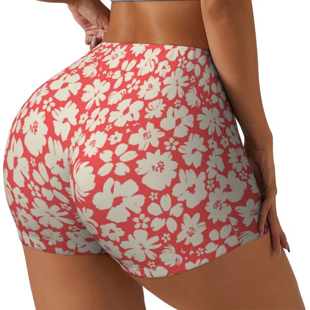 Fotbe Beige Flowers Shorts Sin Costuras – Shorts Deportivos de Cintura Alta para Mujer, Elásticos para Gimnasio, Yoga, Running o Ciclismo-Medium
