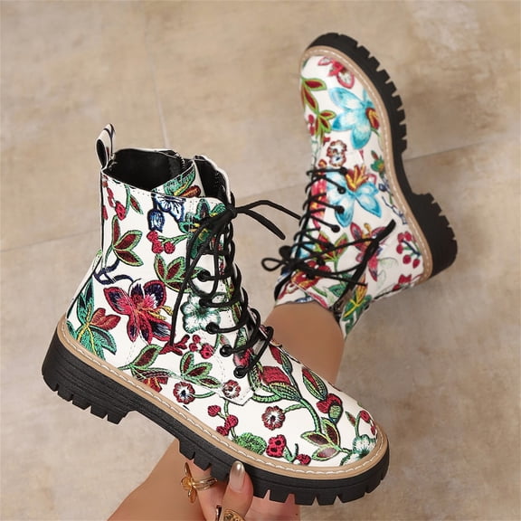 Willtoo Women's Flowers Flat Ankle Boots Side Zipped Lace-Up Cowgirl Shoes Western Platform Winter Fall Combat Boots White