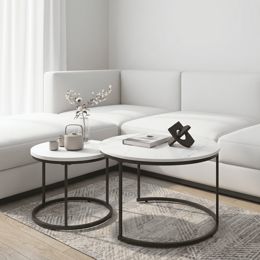 Round Nesting Coffee Table Set of 2 Modern Faux Marble Accent Tea End Tables with Sturdy Metal Frame for Living Room Apartment Small Space White and Black