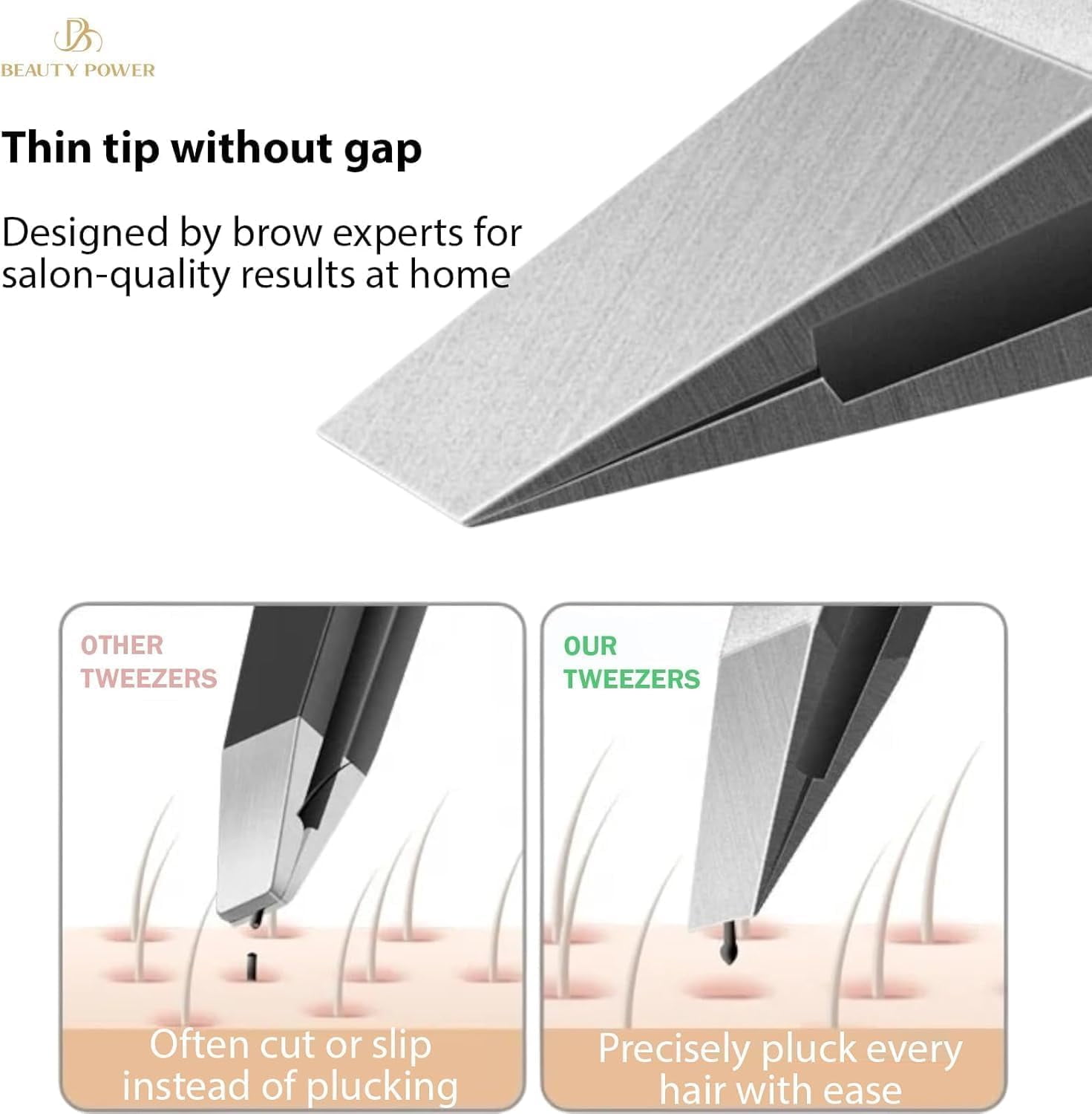 Beauty Power Precision Tweezers for Women Facial Hair & Men - Professional Tweezers Set with Slant & Point Tips, German Stainless Steel, PU Leather Travel Case, Lightweight & Ultra Precision - Gold