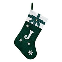 XIA0LE Christmas Stockings Xmas Custom Monogram Stockings, 18in Large Winter Snowflake Stocking With Initials Green Velvet Gift Stockings For Home Hanging Ornaments Christmas Party Favor (J)