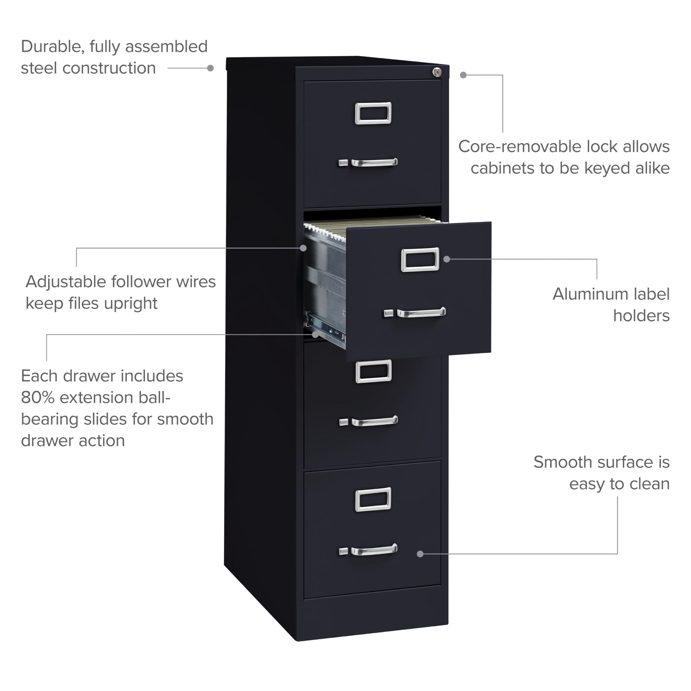 Hirsh 4 Drawer Letter Locking Metal Vertical File Cabinet, 25" Deep, Black