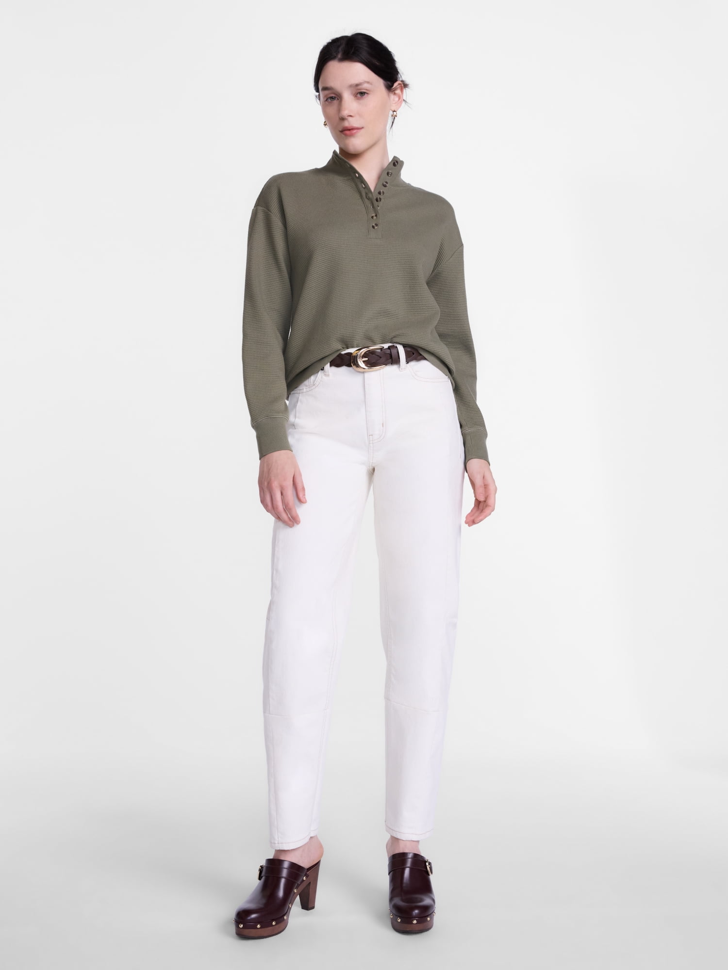 Scenario Women's and Women's Plus Waffle Knit Button Top with Long Sleeves, Sizes XS-4X