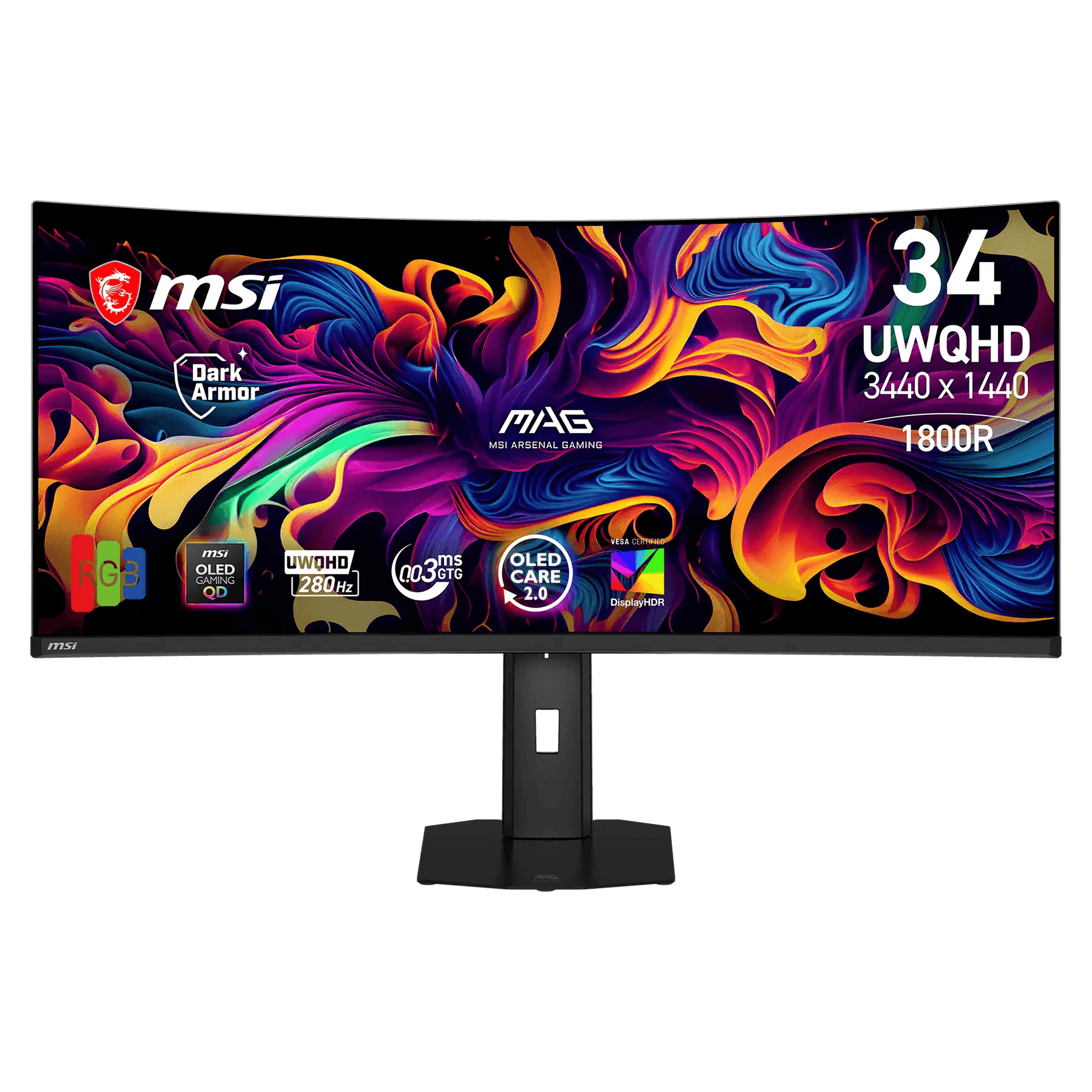 MSI MAG 341CQP QD-OLED X28 34" UWQHD (3440 x 1440) Curved Gaming QD-OLED Monitor, 1800R, 280Hz, 0.03ms (GtG), 21:9, VESA DisplayHDR True Black 500
