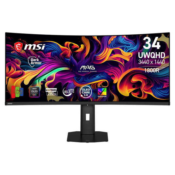 MSI MAG 341CQP QD-OLED X28 34" UWQHD (3440 x 1440) Curved Gaming QD-OLED Monitor, 1800R, 280Hz, 0.03ms (GtG), 21:9, VESA DisplayHDR True Black 500