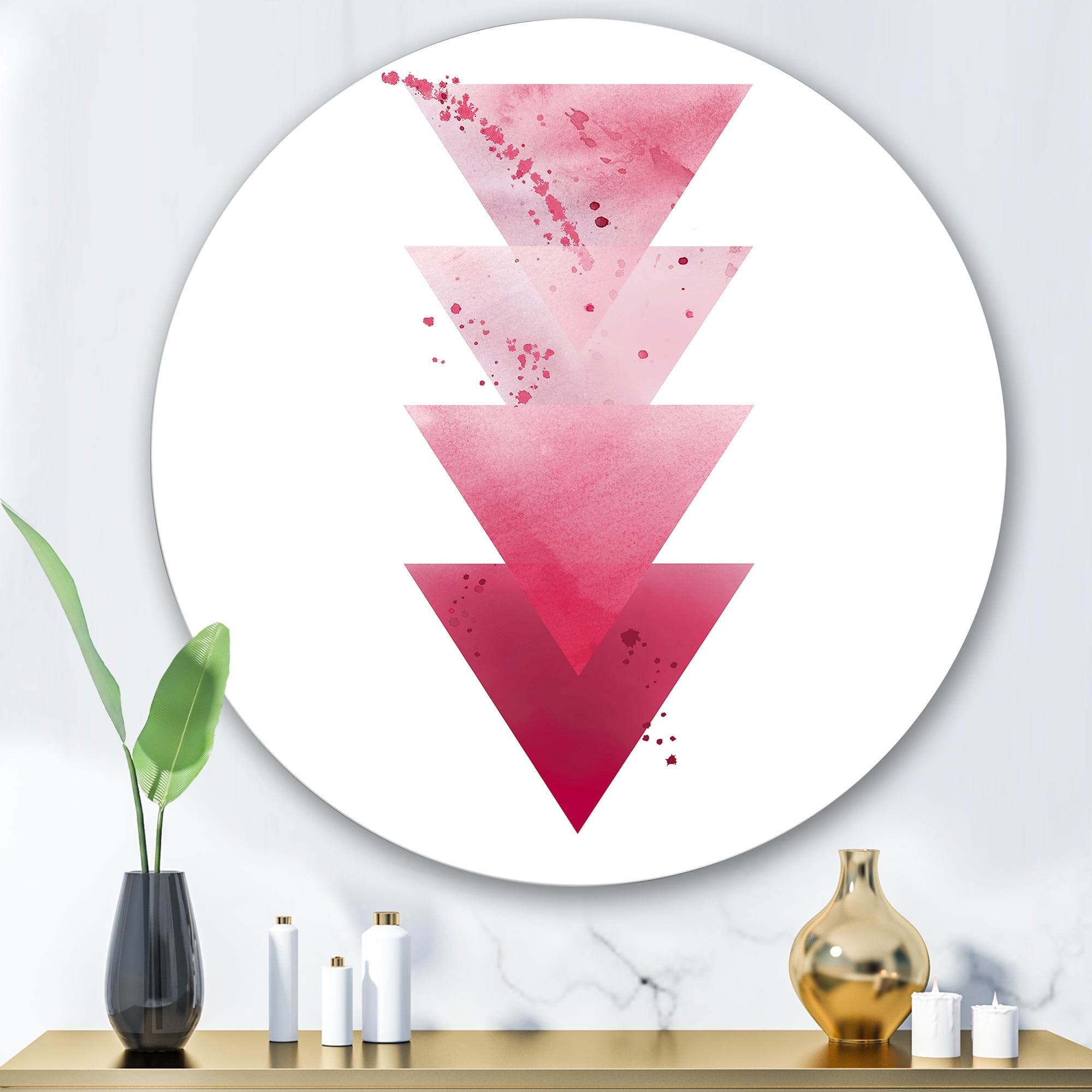 Designart 'Abstract Geometric Art Red Triangles Composition' Modern Circle Metal Wall Art 36x36 - Disc of 36