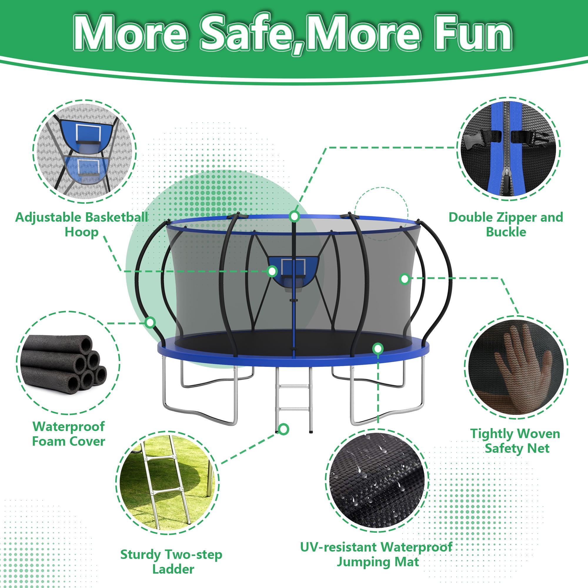 LHX Trampoline for Kids 12FT 14FT 16FT Outdoor Trampolines with Basketball Hoop, Safety Enclosure Net, Ladder, Backyard Recreational Heavy Duty Trampoline for Adult, 1200 LBS Loading, Easy to Install