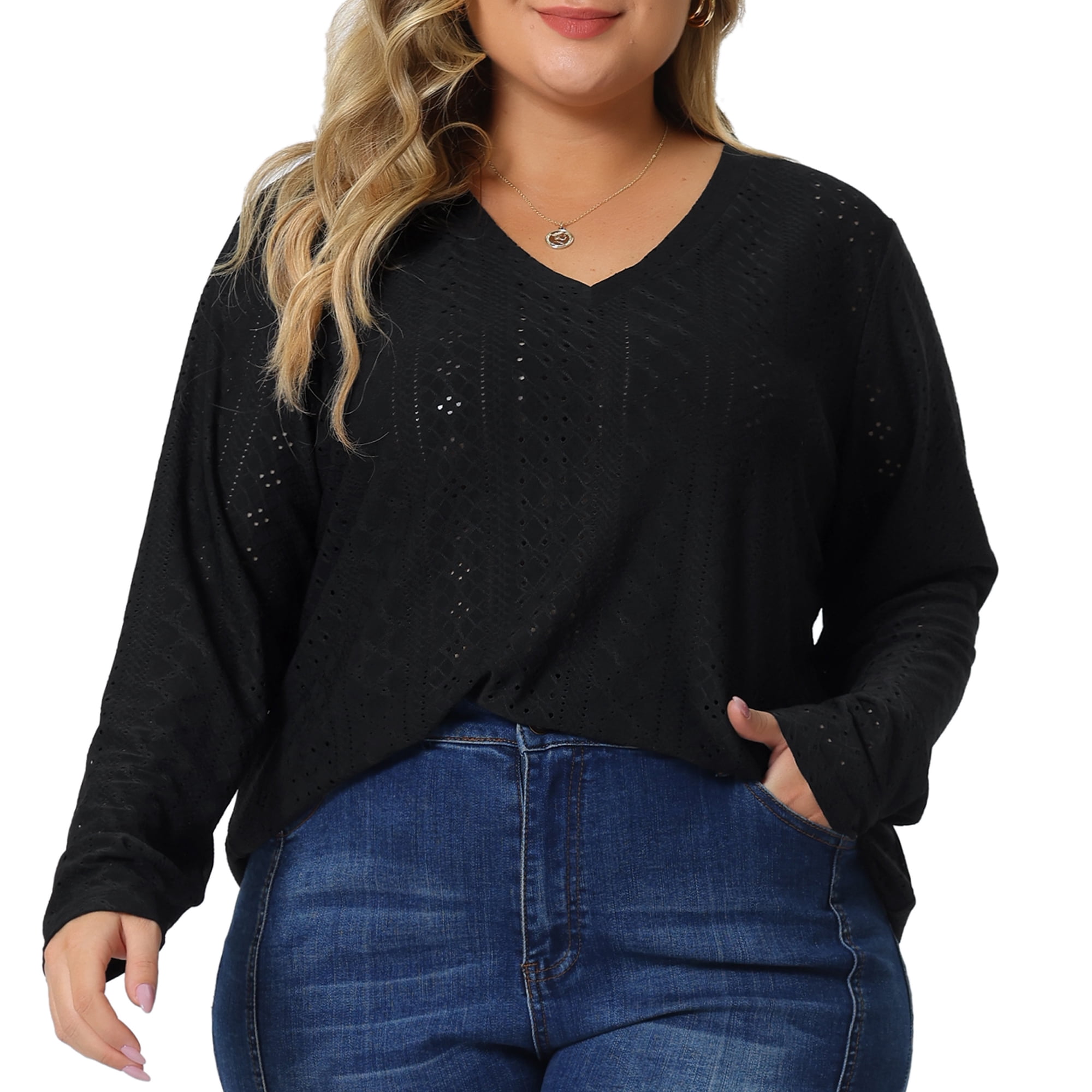 Unique Bargains Women's Plus Size V Neck Long Sleeve Hollow Blouse Tunic Tops 1X Black