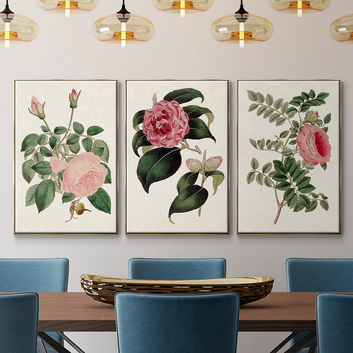 Pink Floral Mix I - Framed Premium Gallery Wrapped Canvas L Frame 3 Piece Set - Ready to Hang