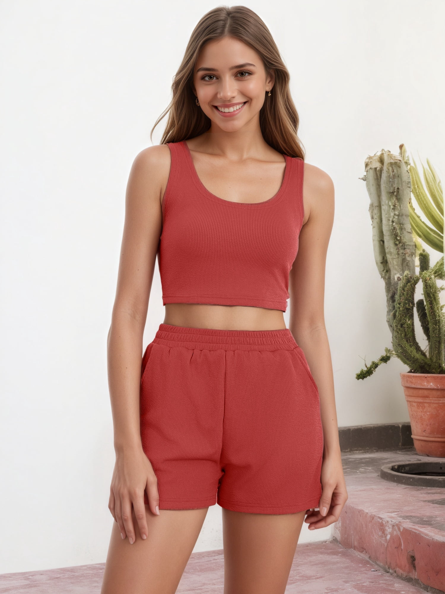 DARING DIVA Women's Stylish Two Piece Summer Outfit with Cropped Tank and Shorts S Red