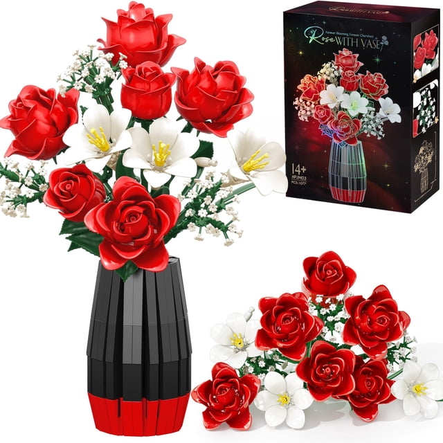 Set de construcción de ramos de flores Asoulin Roses con jarrón, 1077 piezas