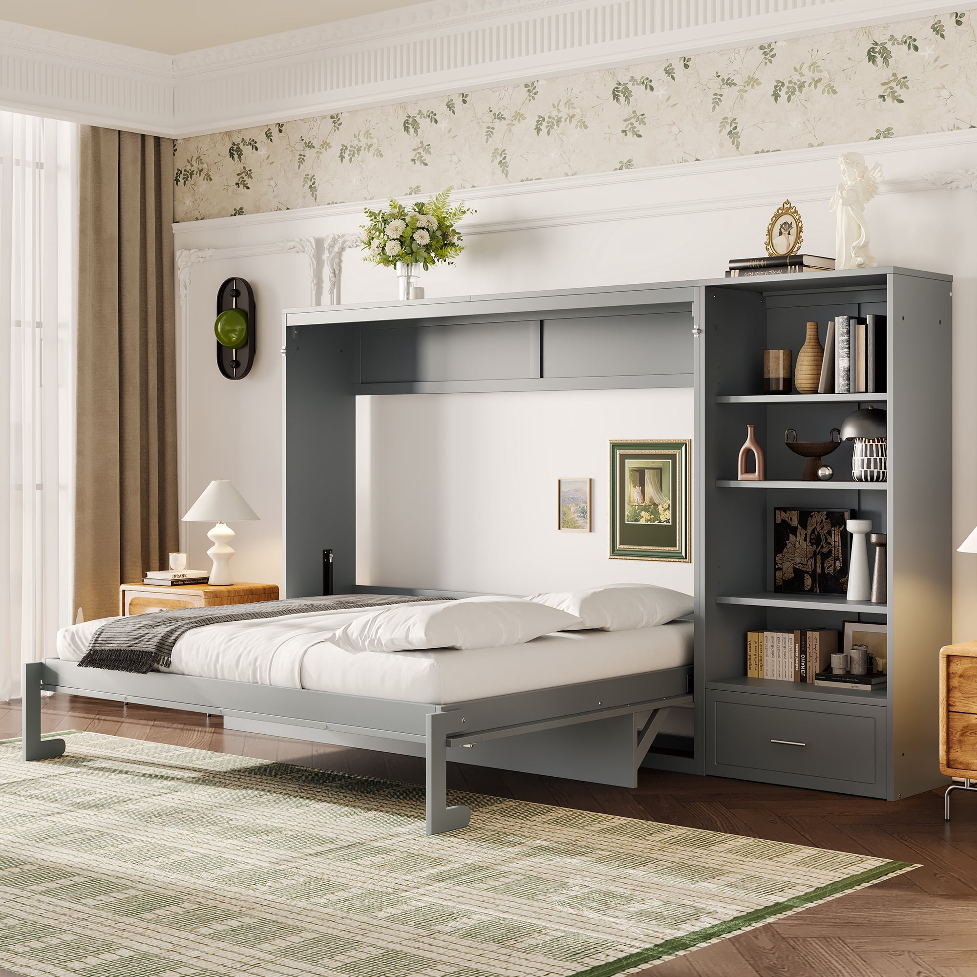 Mintazer Queen Murphy Bed with Reversible Storage Cabinet, Multifunctional Foldable Platform Bed with Adjustable Shelves & Drawer for Guest Room Bedroom, Gray