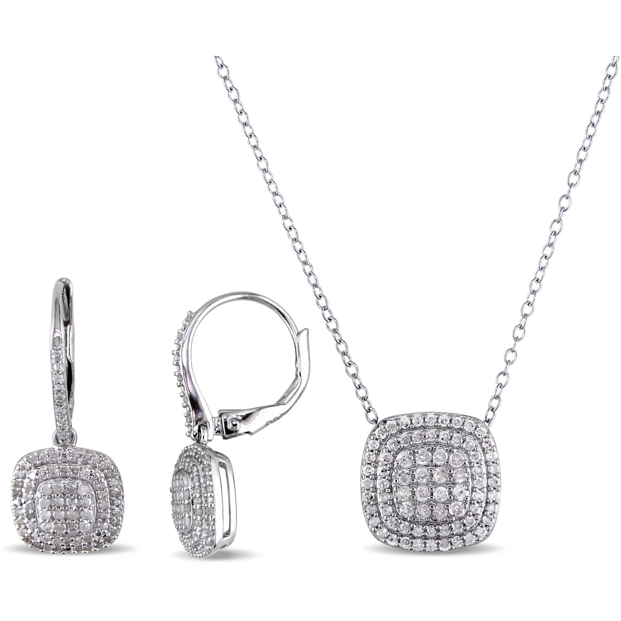 Miabella 1 Carat T.W. Diamond Sterling Silver Set of Double Halo Pendant and Earrings, 18