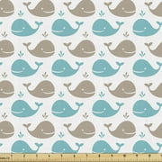 Sea Animals Fabric by the Yard, Pattern Smiling Whale Cartoon Repeated Design Illustration, Decorative Upholstery Fabric for Chairs & Home Accents, 2 Yards, Tan Turquoise White by Ambesonne