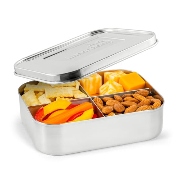 LunchBots Medium Quad Snack Container – Stainless Steel Bento Box with 4 Compartments – 6” x 5” Snack Size for Adults & Kids – Durable, Dishwasher Safe – Stainless Steel