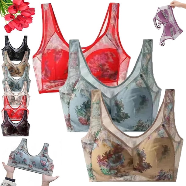Foxyseniors Bra, ElleBloom Bra - Ultra Thin Ice Silk Lace Cooling Comfort Bra, Sujetadores Push Up inalámbricos sin Costuras para Mujer