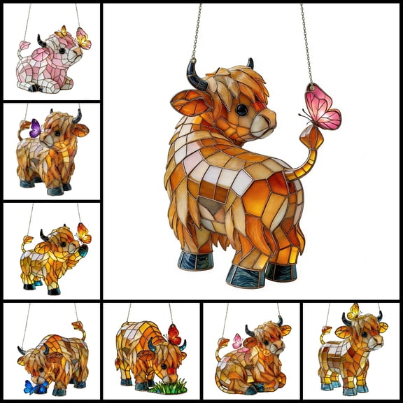 Ornament Clearance! Easter Pink Cute Highland Cow Decor, Farmhouse 2D Easter Suncatcher, Easter Ornaments for Tree, Easter Gift for Mom, Women, Family, Easter Home Office Decorations Indoor Outdoor