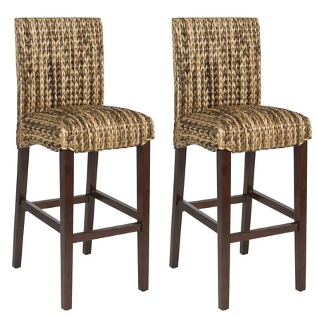 Best Choice Products Set of 2 Indoor Outdoor Hand Woven Water Hyacinth Abaca Banana Leaf Bar Stools w/ Mahogany Wood Frame for Bar Height, High-Top Table,