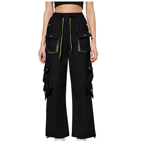 Pisexur Cargo Pants Women Elastic Waist Jogger Athletic Hiking Pants Solid Color Drawstring Wide Leg Pants Multi Pockets Cargo Sweatpants Trousers