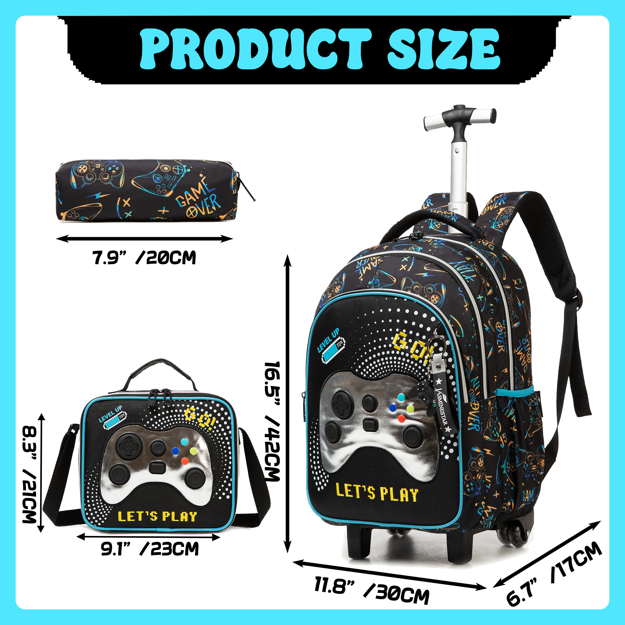 Kids Rolling School Backpack Boys with Lunch Box Pencil Case Roller Bookbag with Wheels Age 8-10 Teen Red Car